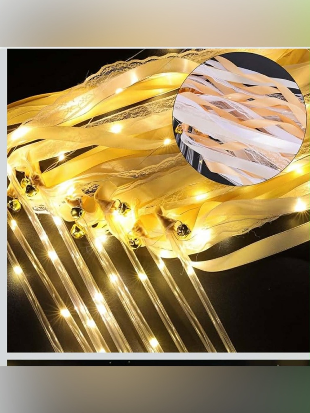 50 individually wrapped LED wands with Champagne ribbon and white lace with bell